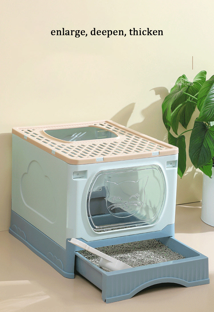 Large Foldable Cat Litter Box with Drawer Enclosed