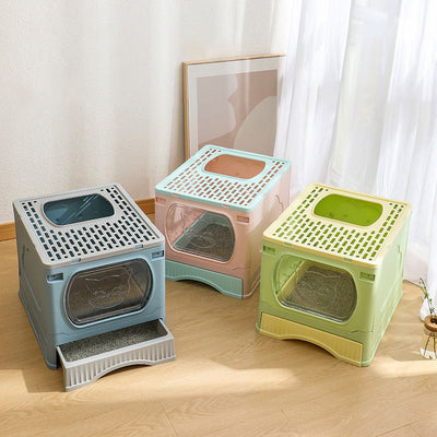 Large Foldable Cat Litter Box with Drawer Enclosed